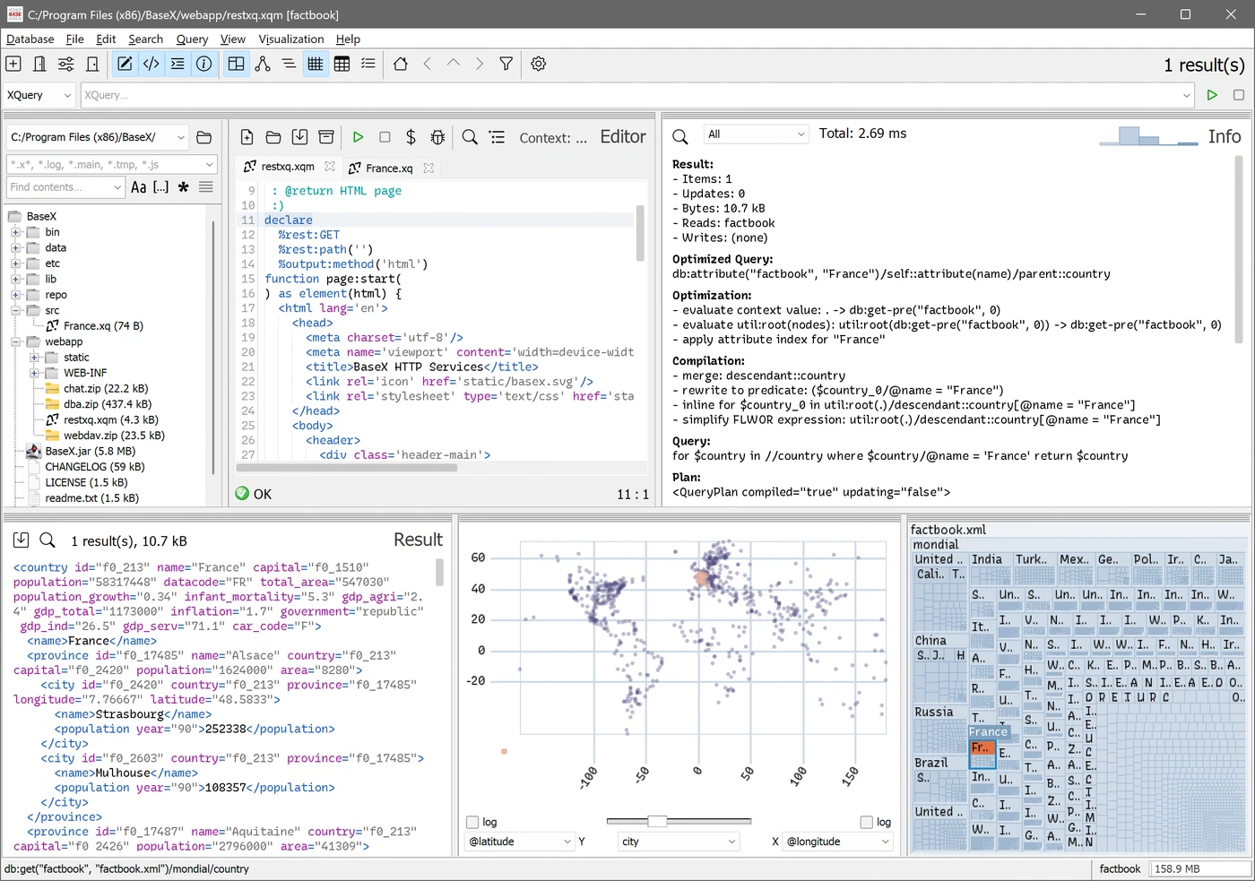 BaseX GUI with query editor, results and visualizations